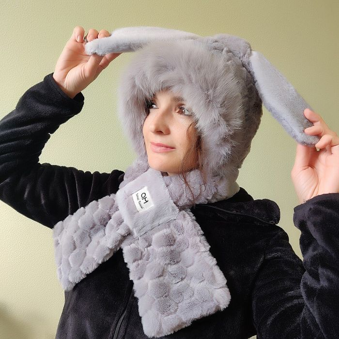 Bunny hat-scarf with ears R2185 (gray fur)